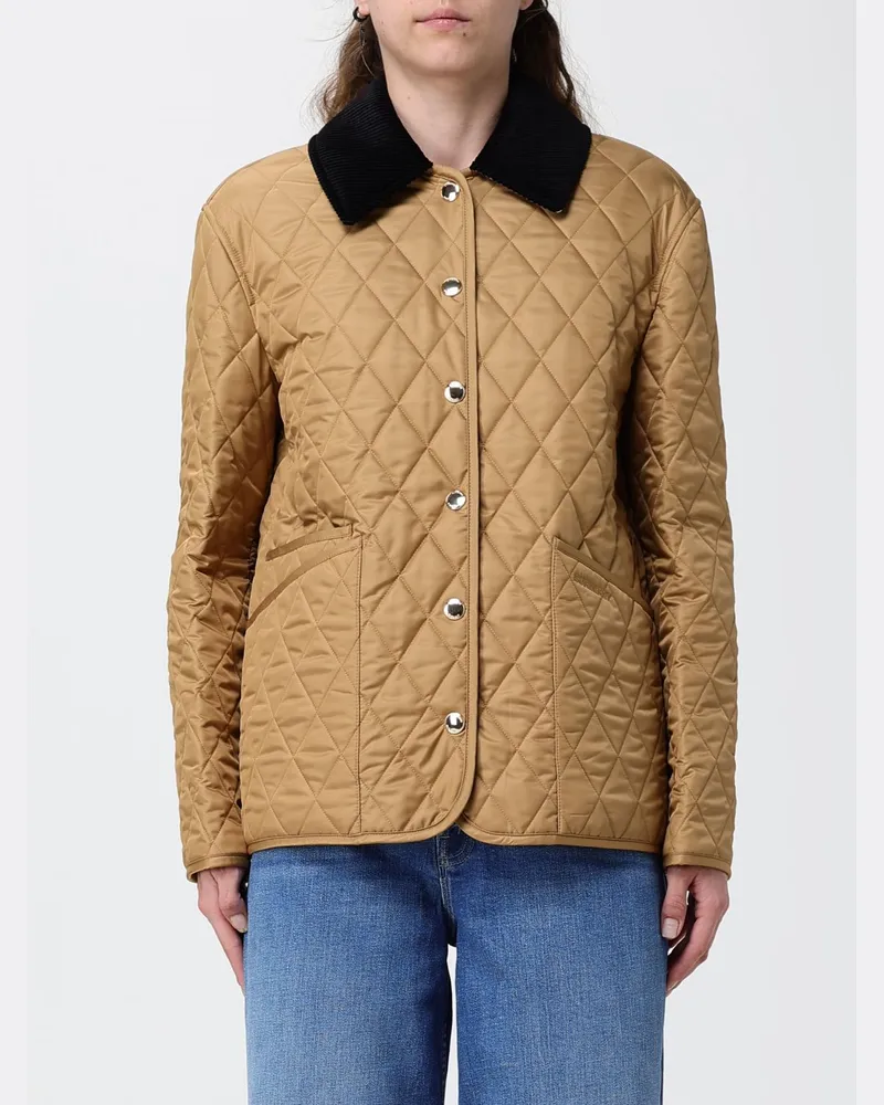 Burberry Kurze, gesteppte Jacke aus wasserdichtem Nylon mit Samtkragen Camel