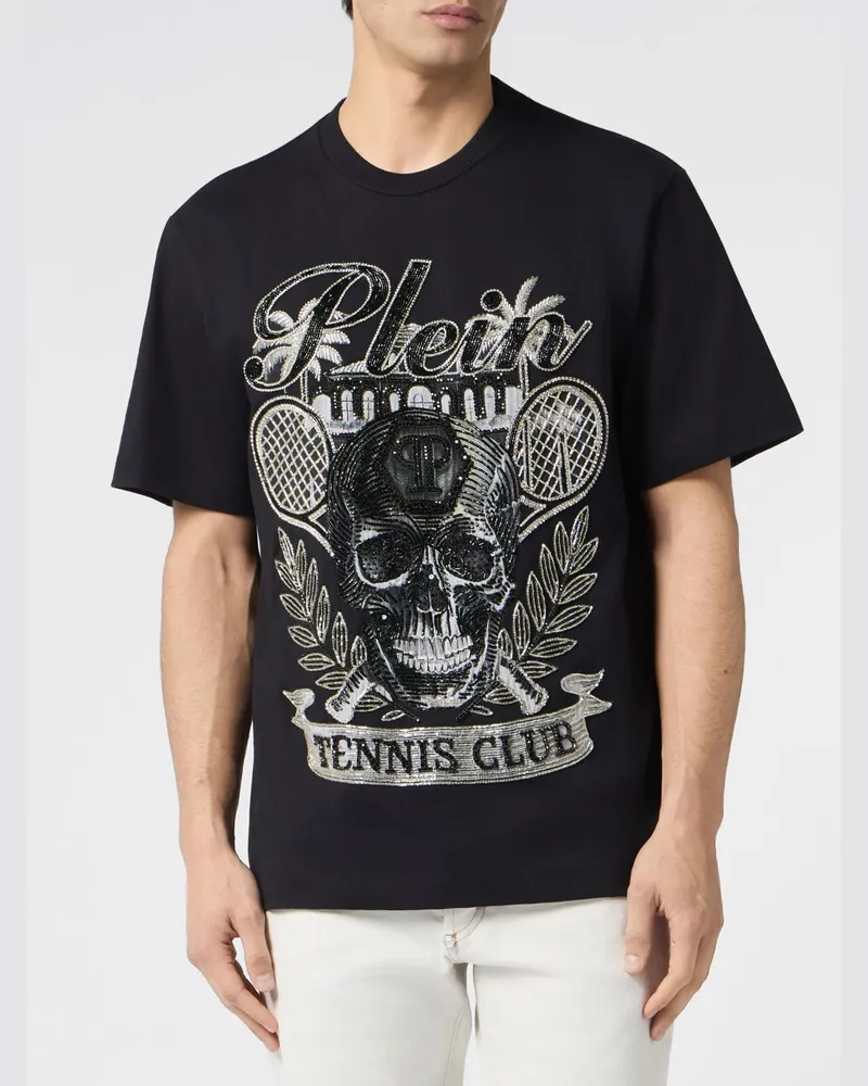 Philipp Plein Tennis Club Baumwoll-T-Shirt von mit Strass-Totenkopf und Stickerei Schwarz