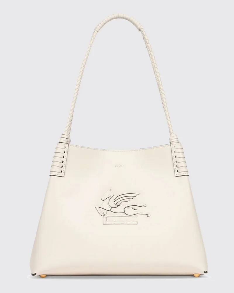 Etro Libra Kalbsleder-Schultertasche mit gewebtem Griff und Logo Weiß