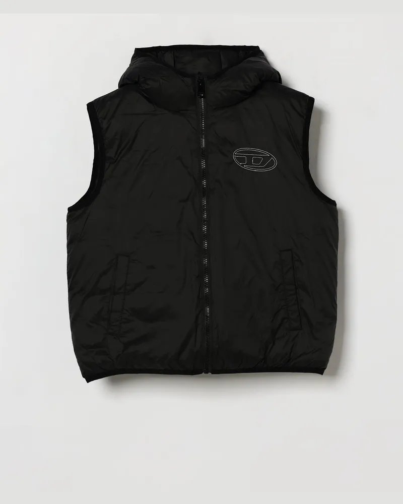 Diesel Technische Jungen-Weste aus Nylon mit Kapuze und Oval D-Logo Schwarz