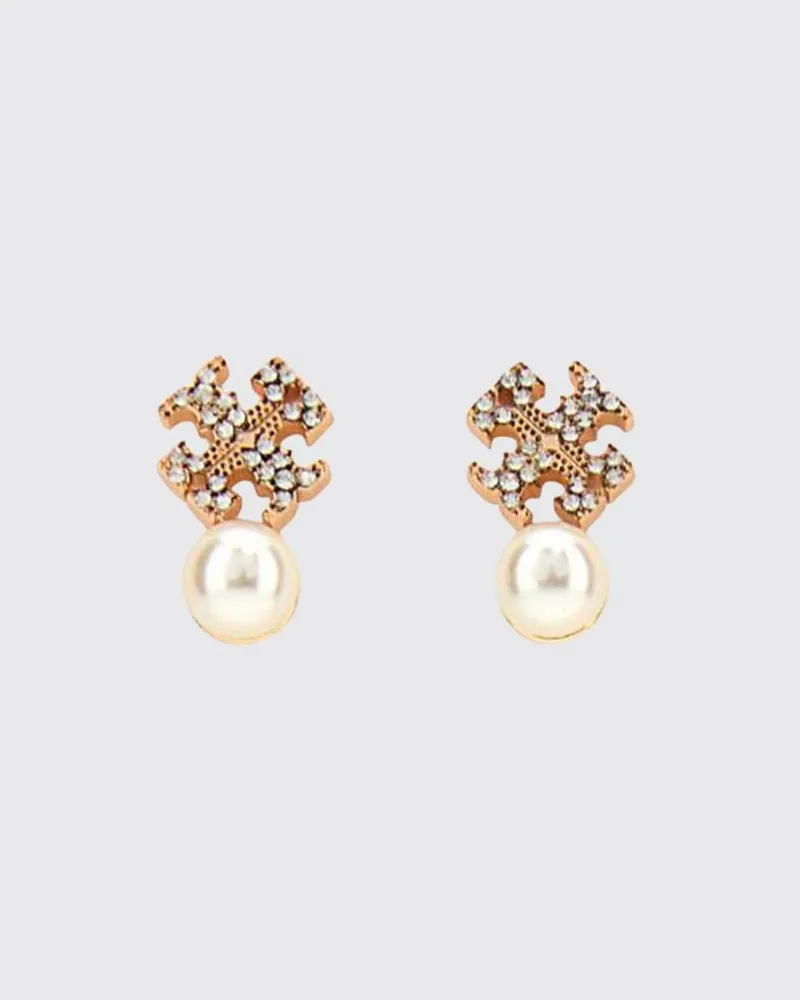 Tory Burch Double T Ohrstecker aus vergoldetem Messing mit Perlen und Kristallen Silber