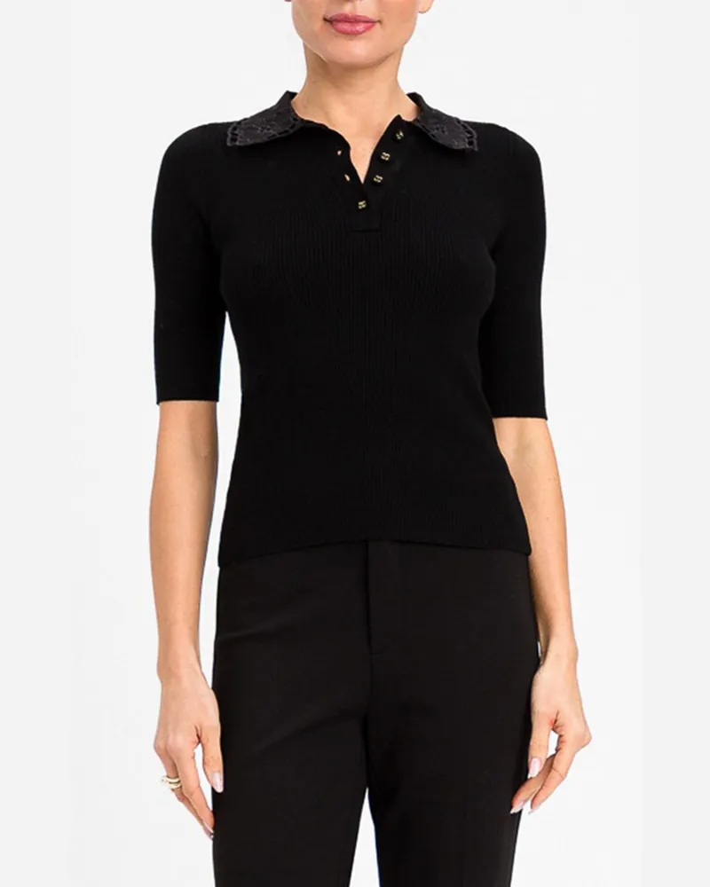 Twin-Set Slim Fit Poloshirt aus Rippstrick mit Spitzenkragen Schwarz