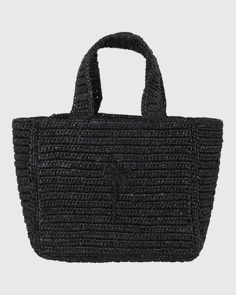 Manebí Häkel-Handtasche von aus natürlichem Raffia mit Ton-in-Ton-Logostickerei Schwarz