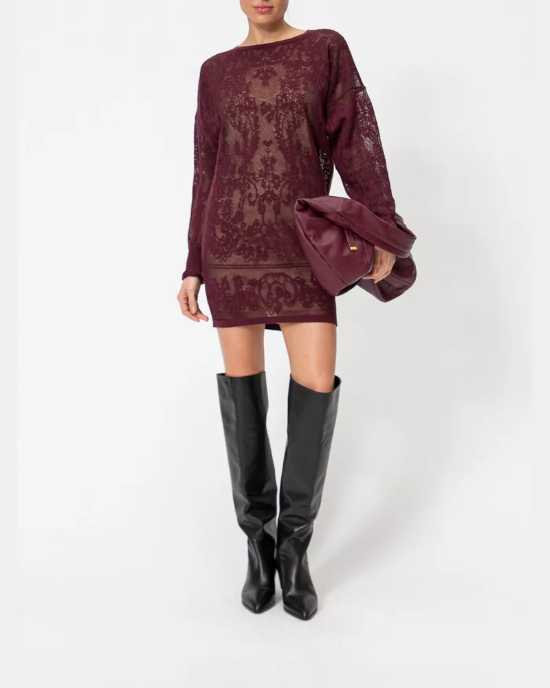 Twin-Set Locker geschnittenes Strick-Minikleid mit Spitze und überschnittenen Schultern Weinrot