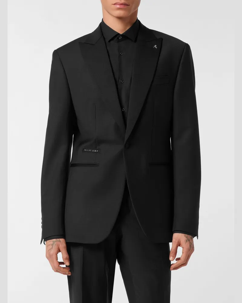 Philipp Plein Einreihiger Wollmisch-Blazer mit Kristallen und steigendem Revers Schwarz