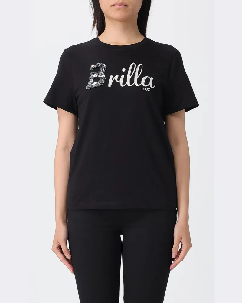 Liu Jo Baumwoll-T-Shirt mit gesticktem Logo und Strasssteinen Schwarz