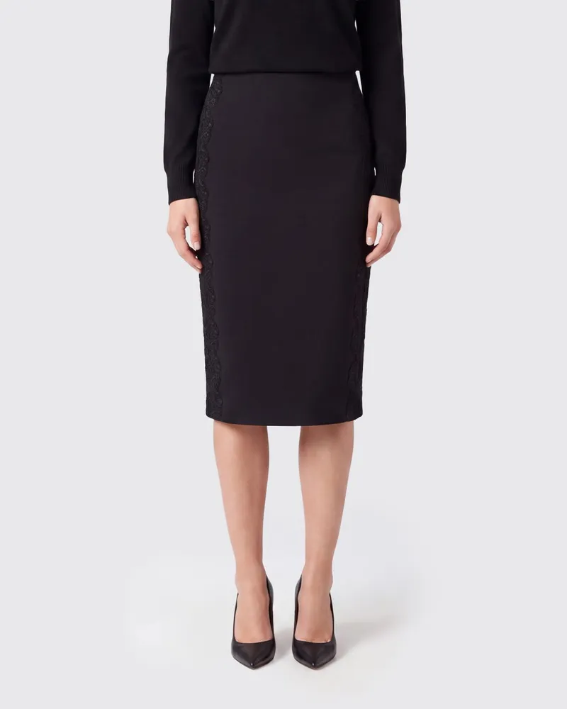 ROTATE Birger Christensen High-Waist-Bleistiftrock in Midilänge aus Jersey mit Spitzeneinsätzen Schwarz