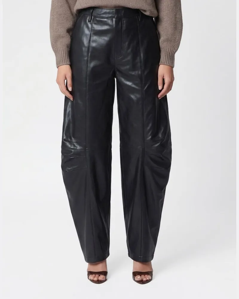 ROTATE Birger Christensen Hoch taillierte Baggy-Hose aus glattem Lammleder mit weitem Bein Schwarz