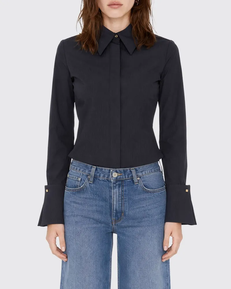 Elisabetta Franchi Gestreiftes Slim-Fit-Baumwollhemd mit Slogan-Print Schwarz