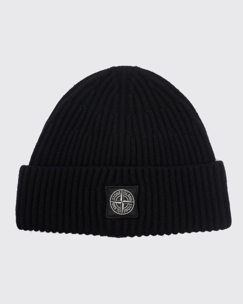 Stone Island Gerippte Beanie aus RWS-Schurwolle mit Compass-Logo-Patch Schwarz