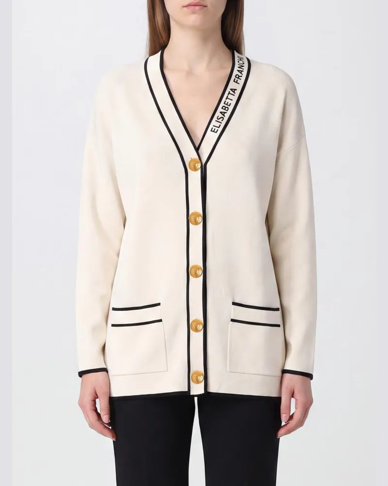 Elisabetta Franchi Strickjacke aus Schurwolle mit Kontrastbesätzen und Logo Butter