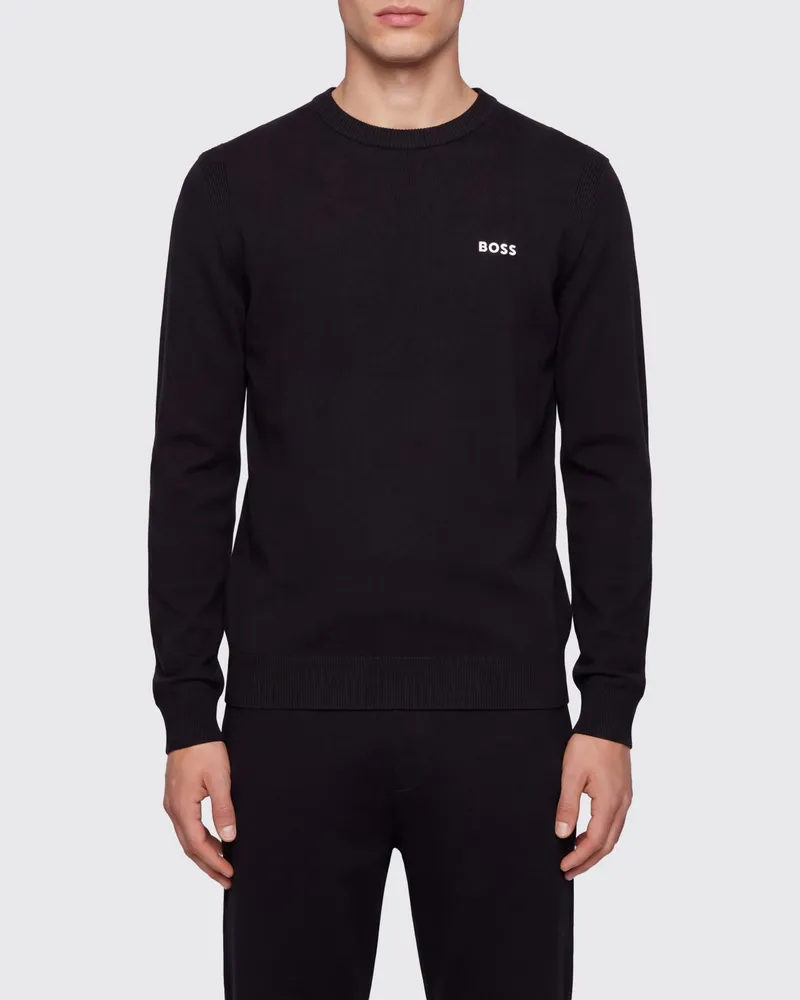 HUGO BOSS Slim Fit Pullover mit Rundhalsausschnitt aus Baumwolle mit Kontrastlogo Schwarz