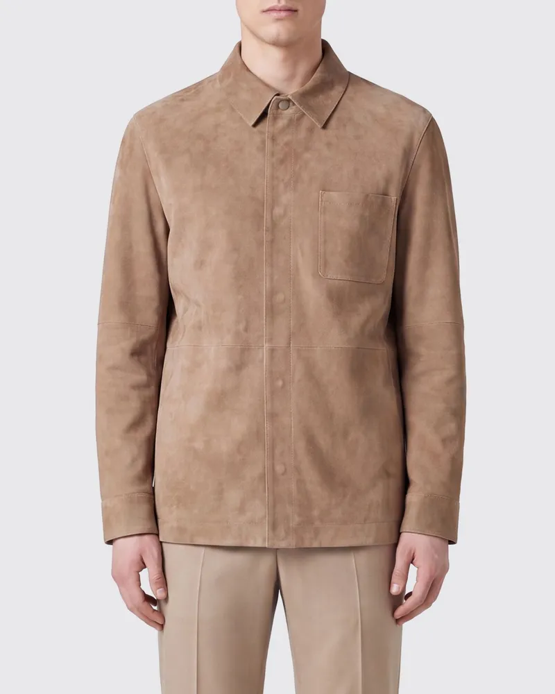 Canali Hemdjacke aus Veloursleder mit aufgesetzten Taschen Beige