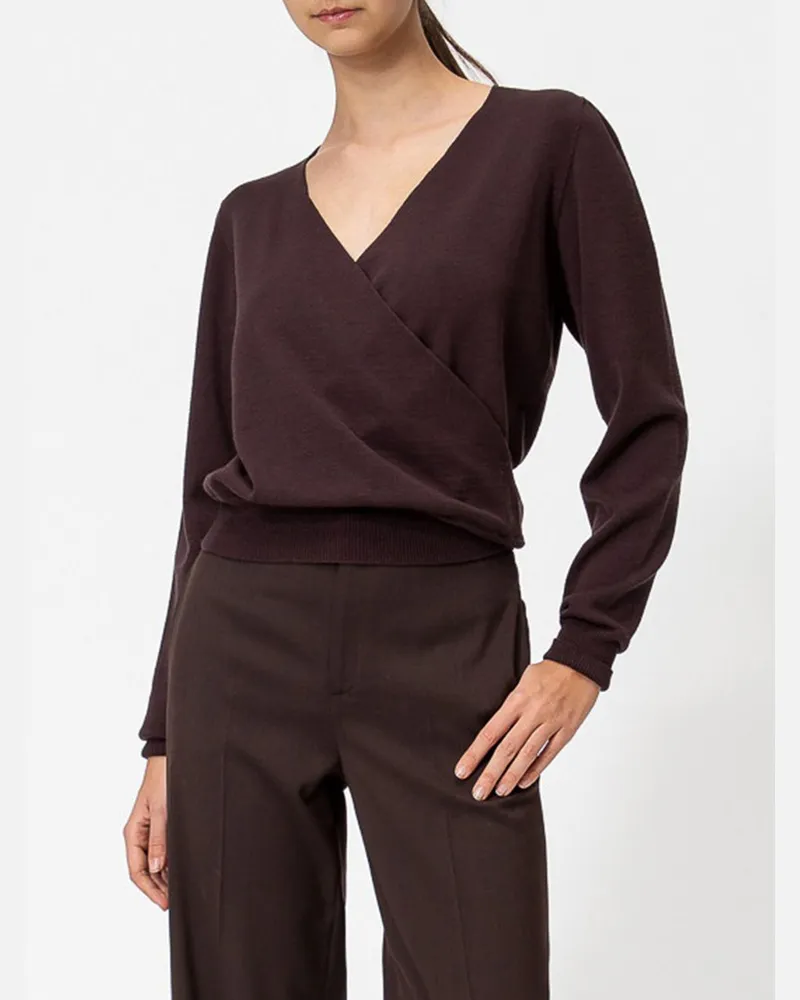 Twin-Set Cropped-Pullover aus Viskosemischung mit V-Ausschnitt und Rippbündchen Braun