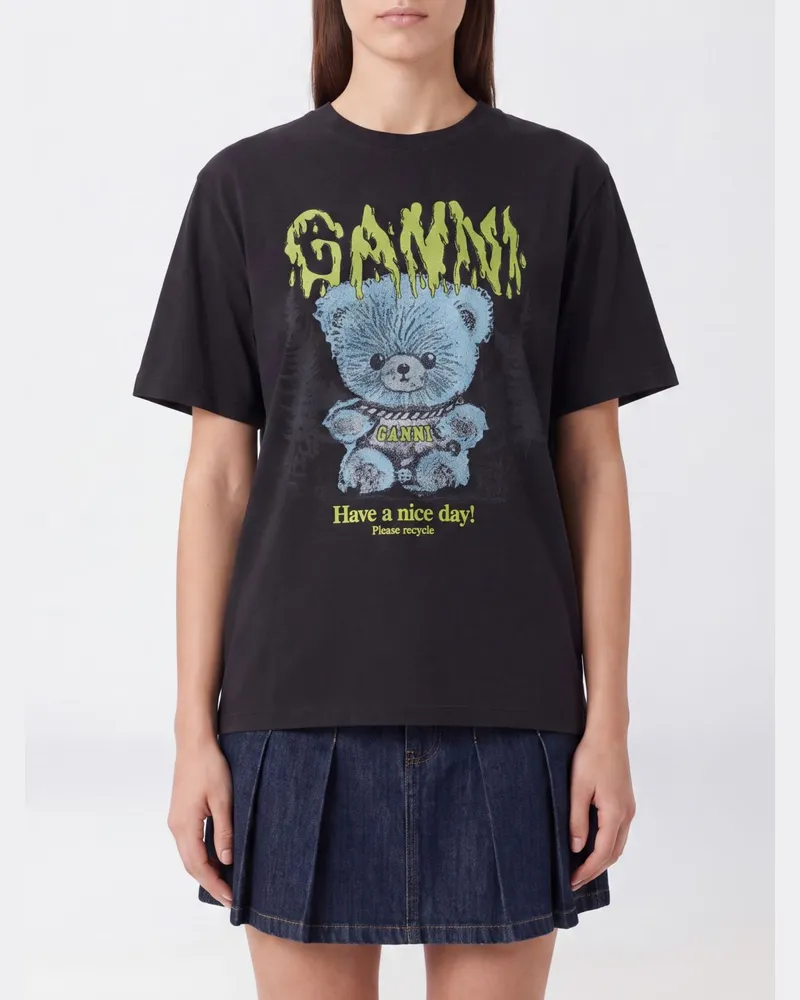 Ganni T-Shirt aus Bio-Baumwolle mit Teddybär-Graffiti-Logo-Print Schwarz
