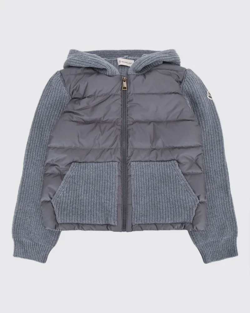 Moncler Wattierte Kapuzen-Strickjacke für Jungen mit gestepptem Nylon-Panel Grau