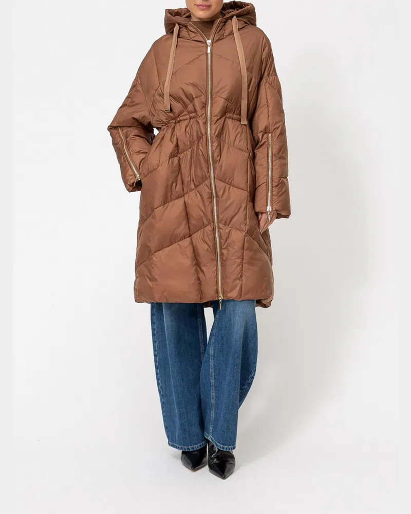 Twin-Set Lange Daunenjacke aus gestepptem Nylon mit Kapuze und überschnittenen Schultern Haselnuss