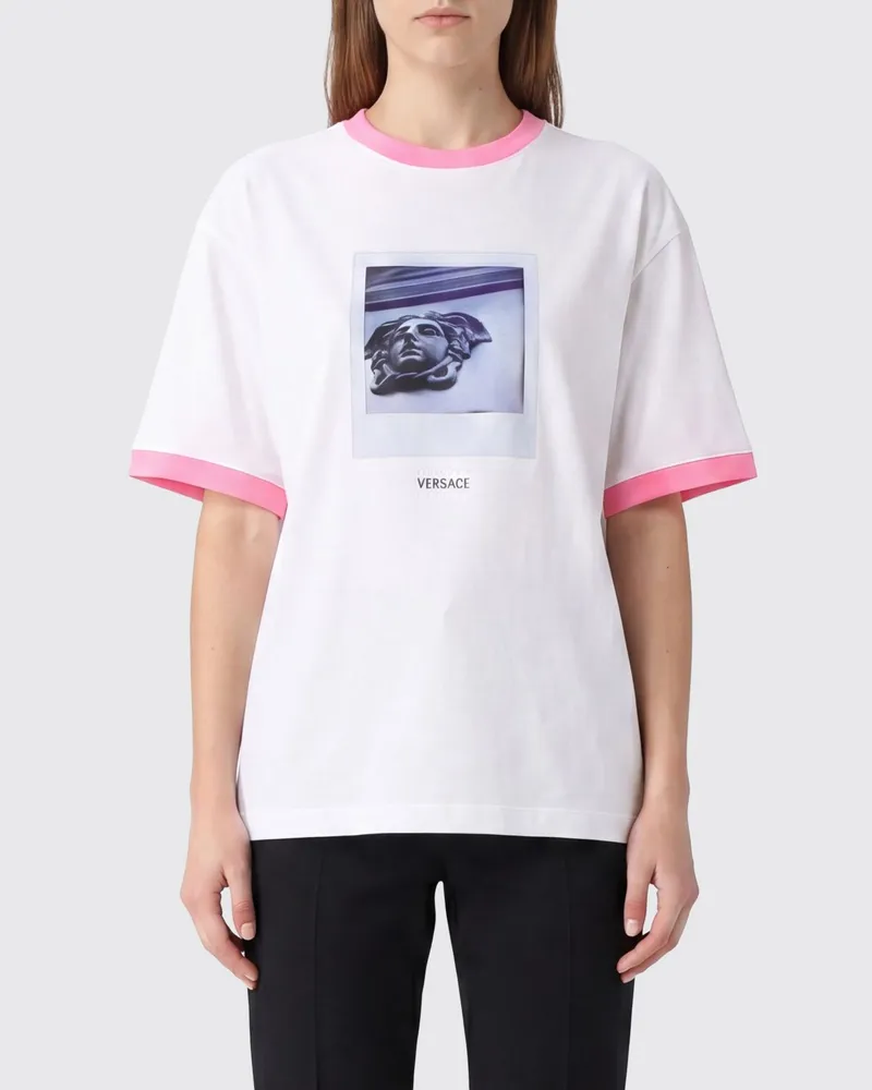 Versace T-Shirt aus Baumwolle mit Medusa-Grafikdruck und Kontrastprofilen Weiß
