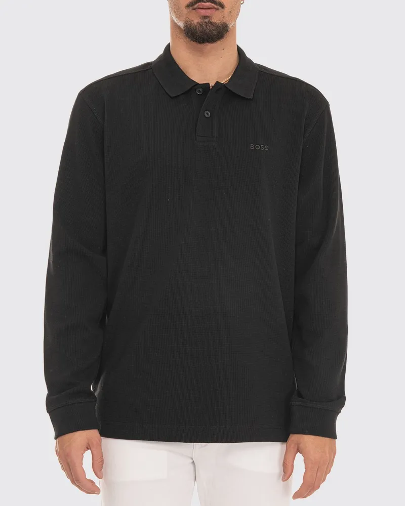 HUGO BOSS Langarm-Polohemd aus Wabenbaumwolle mit gesticktem Logo Schwarz