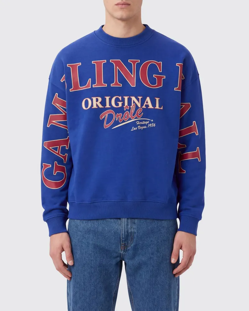 Drôle de Monsieur Relaxed-Fit Baumwoll-Sweatshirt mit Rundhalsausschnitt und Slogan-Print Blau