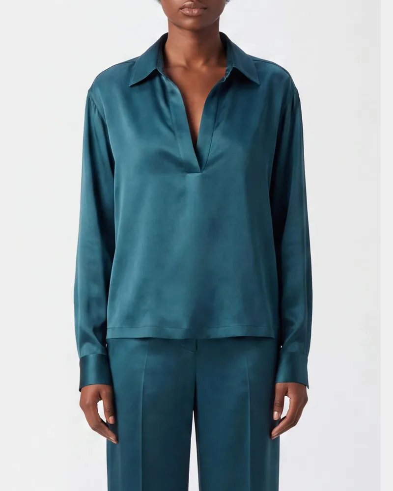 Tom Ford V-Ausschnitt-Seidenbluse mit langen, überschnittenen Ärmeln Türkis