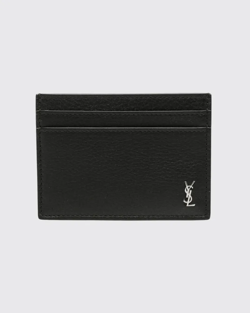 Saint Laurent Flaches Kartenetui Tiny Cassandre aus Kalbsleder mit YSL-Logo Schwarz