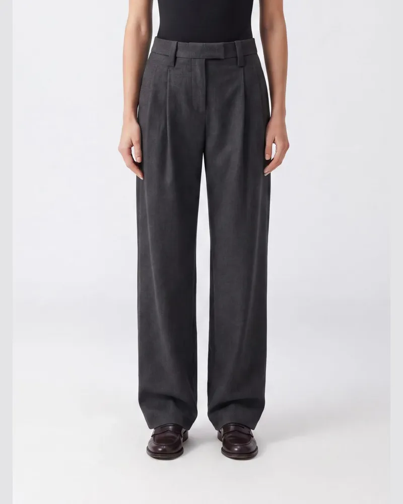 Brunello Cucinelli Weit geschnittene Wollhose mit hoher Taille, Bundfalten und Monili Charcoal