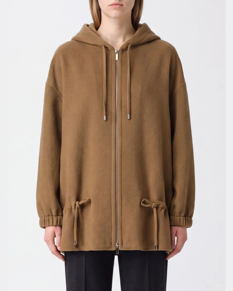 Max Mara Einreihiger Wollmantel mit Kapuze und Reißverschluss Braun