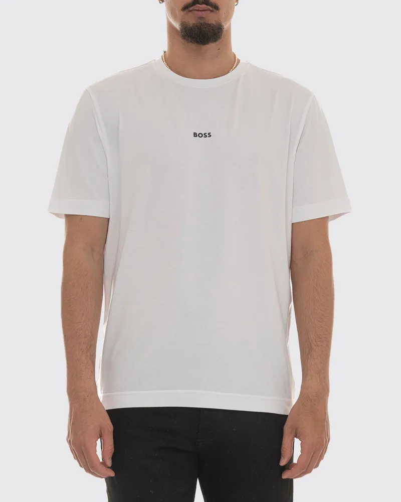 HUGO BOSS T-Shirt aus Stretch-Baumwolle mit Rundhals und Kontrastlogo Weiß