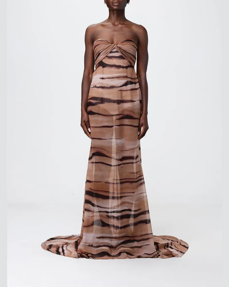 Elisabetta Franchi Langes Chiffonkleid mit Animal-Print Camel