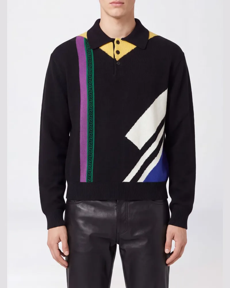 Versace Langarm-Strickpolo aus Wolle mit geometrischem Muster Schwarz