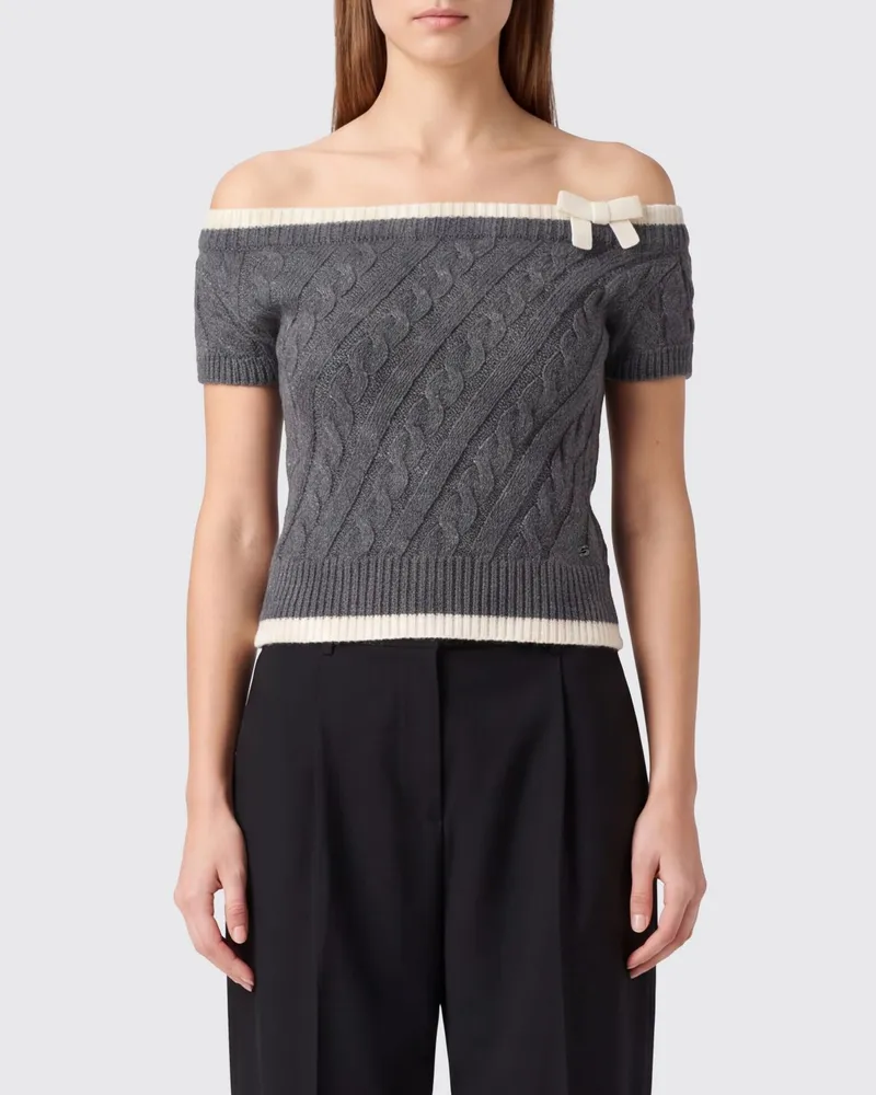 SHUSHU/TONG Kurzes -Stricktop aus Wolle mit Schleife und Kontrastbesatz Grau