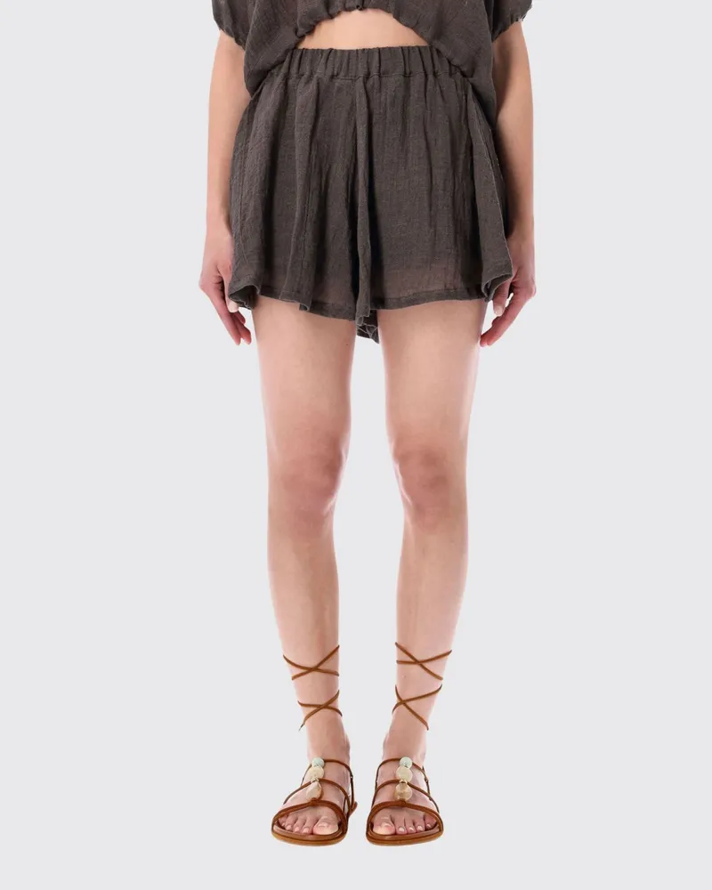 120% Lino Leinenmisch-Shorts mit hohem, elastischem Bund Braun