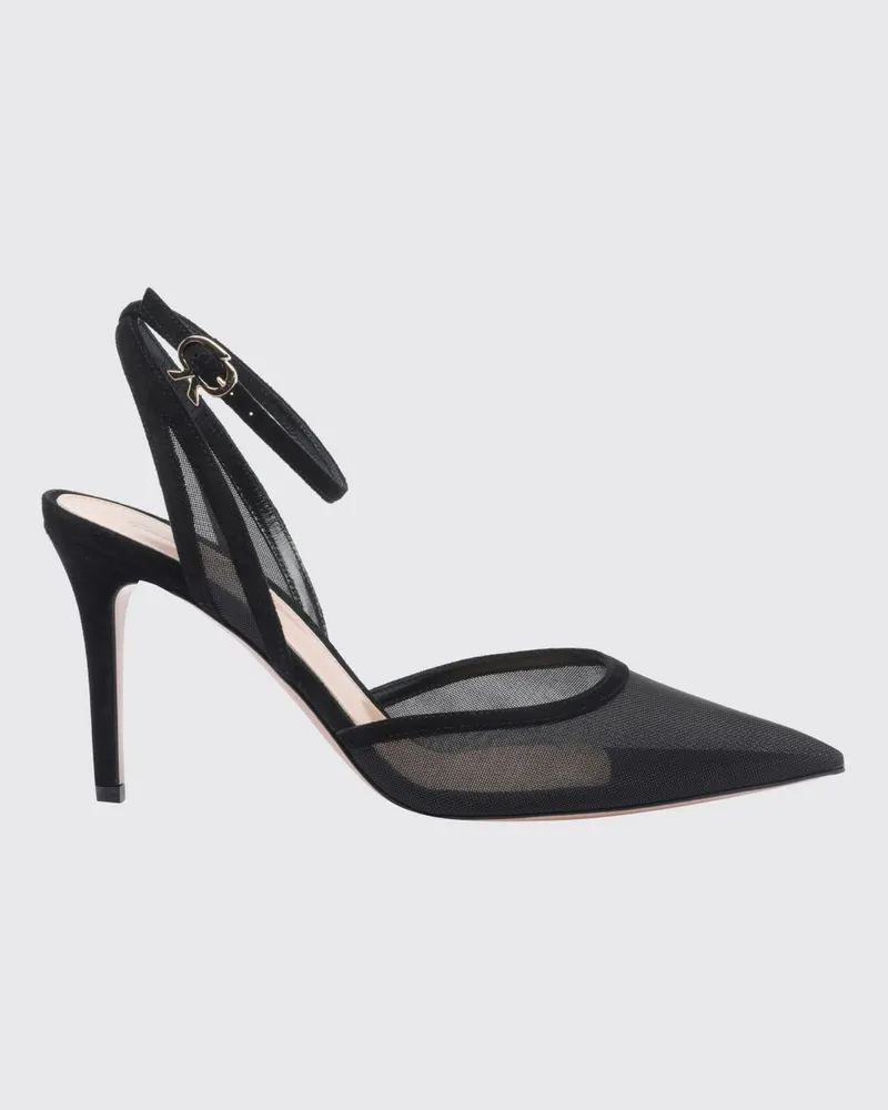 Gianvito Rossi Mesh- und Wildlederpumps mit Knöchelriemen und Ribbon-Logo Schwarz
