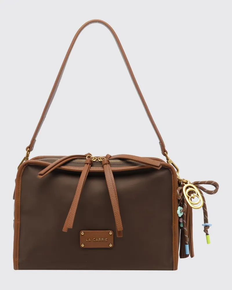 LA CARRIE Schultertasche aus Nylon mit Logo-Charm und abnehmbarem Riemen Braun