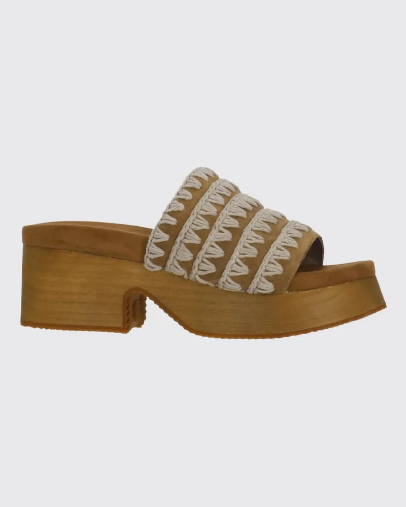 Mou Everley Wildleder Plateau-Mules mit Holz-Mittelsohle und Ziernähten Braun