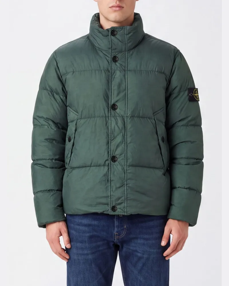Stone Island Kurze, gesteppte, wasserabweisende Nylon-Daunenjacke mit Logo Olive
