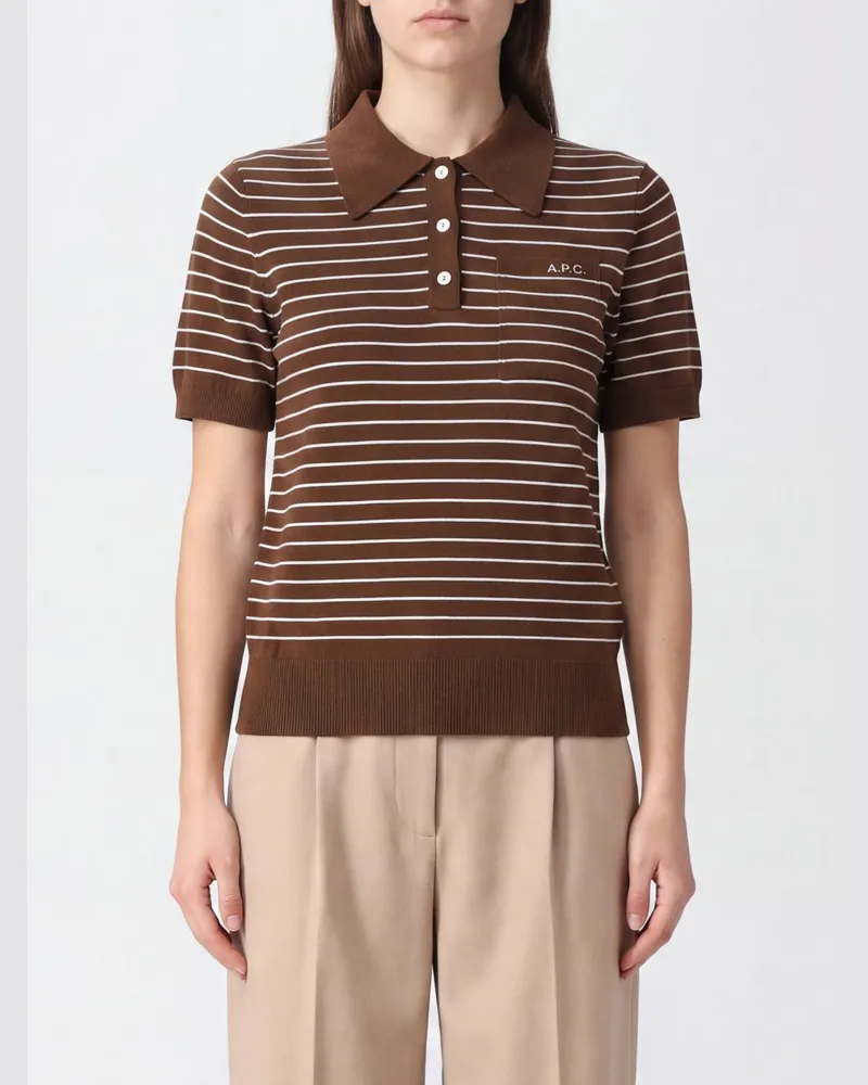 A.P.C. Gestreiftes Strick-Poloshirt aus Baumwolle mit kurzen Ärmeln Braun