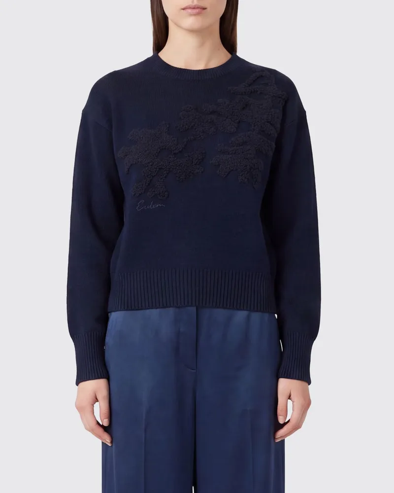 Erdem Rundhalspullover von aus reiner extrafeiner Merinowolle mit Blumenmotiv Blau