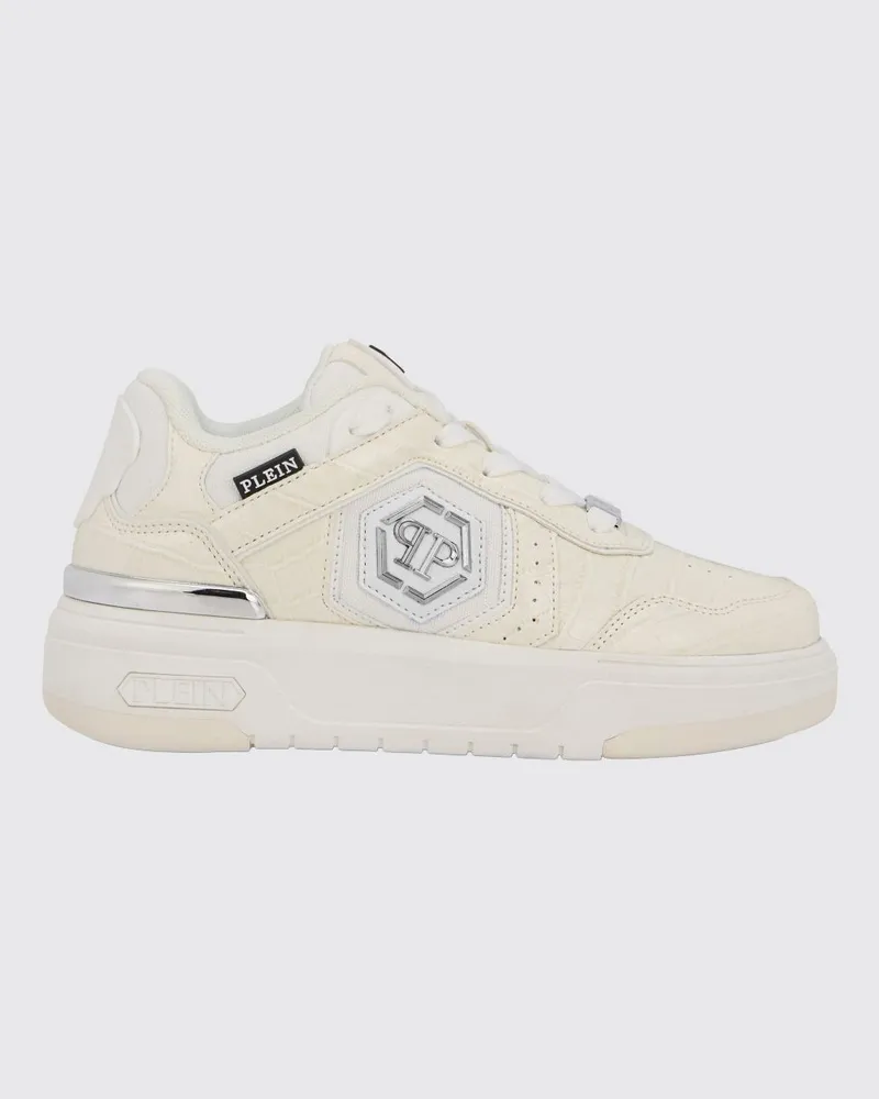 Philipp Plein Niedrige SK8R Sneakers aus Leder und Mesh mit Kroko-Print und Hexagon-Logo Weiß