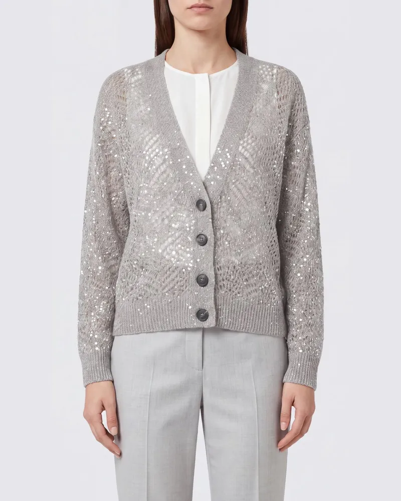 Brunello Cucinelli Lochstrick-Cardigan aus Wollmischung mit Pailletten und V-Ausschnitt Braun