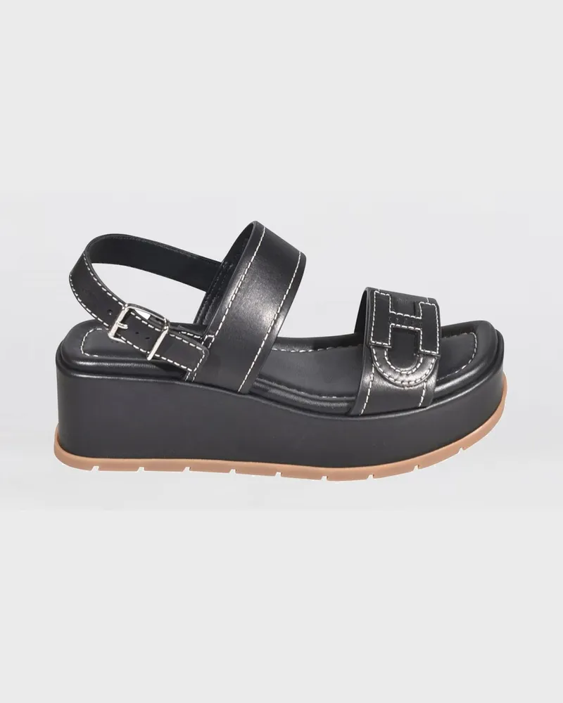 Hogan H703 Keilsandalen aus Leder mit gesticktem H-Logo Schwarz