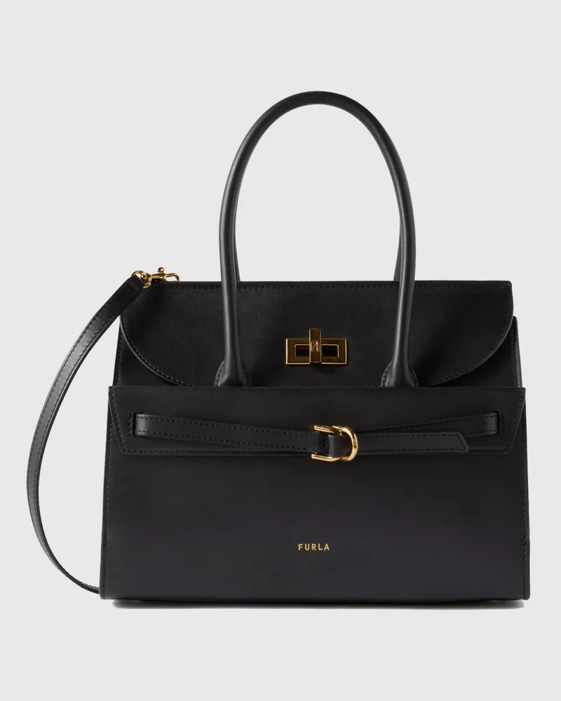 Furla Handtasche aus Glattleder mit doppeltem Henkel und abnehmbarem Gurt Schwarz