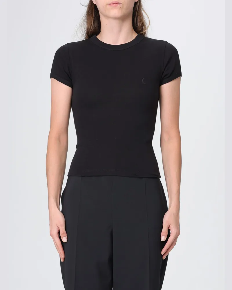 Saint Laurent Slim-Fit T-Shirt aus Baumwolle mit YSL-Monogramm Schwarz