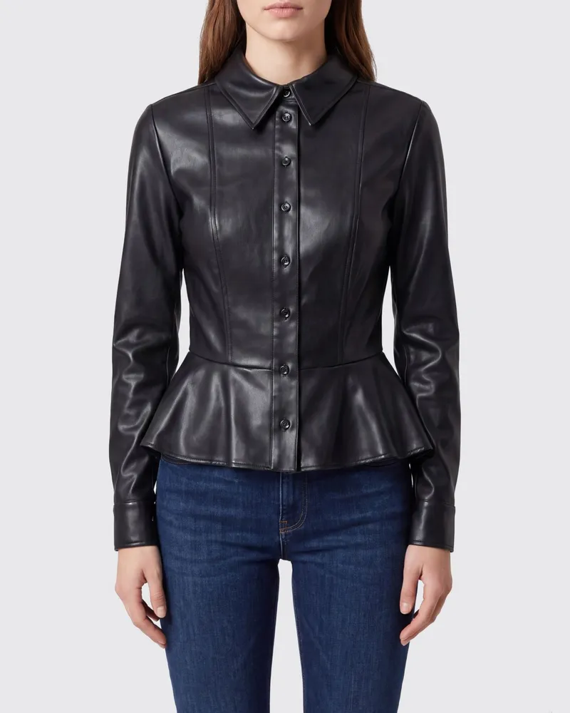 Elisabetta Franchi Hemdjacke aus Kunstleder mit Rüschensaum Schwarz