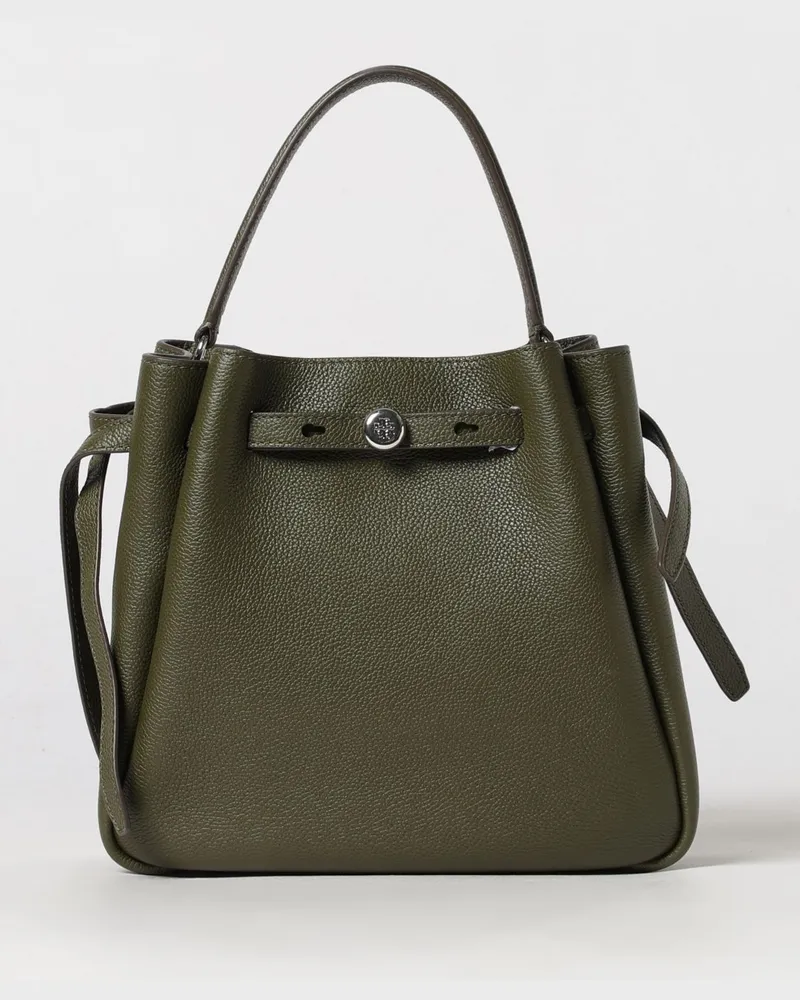 Tory Burch Romy Mini-Handtasche aus genarbtem Leder mit ausgestellter Form Burnt