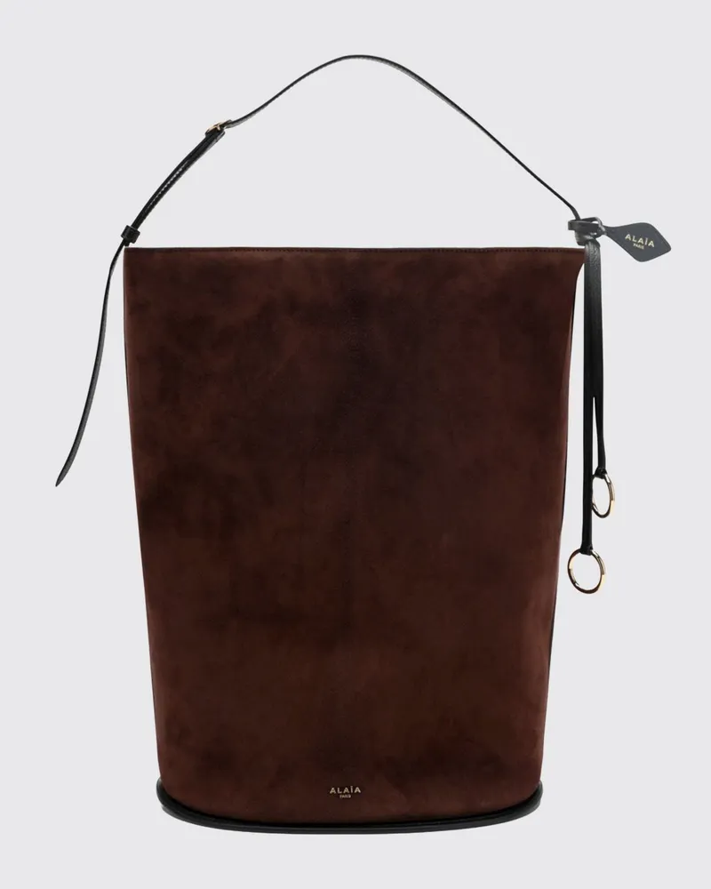 Alaïa Hip Bucket Bag aus Velours-Schafleder mit Logo-Anhänger Braun