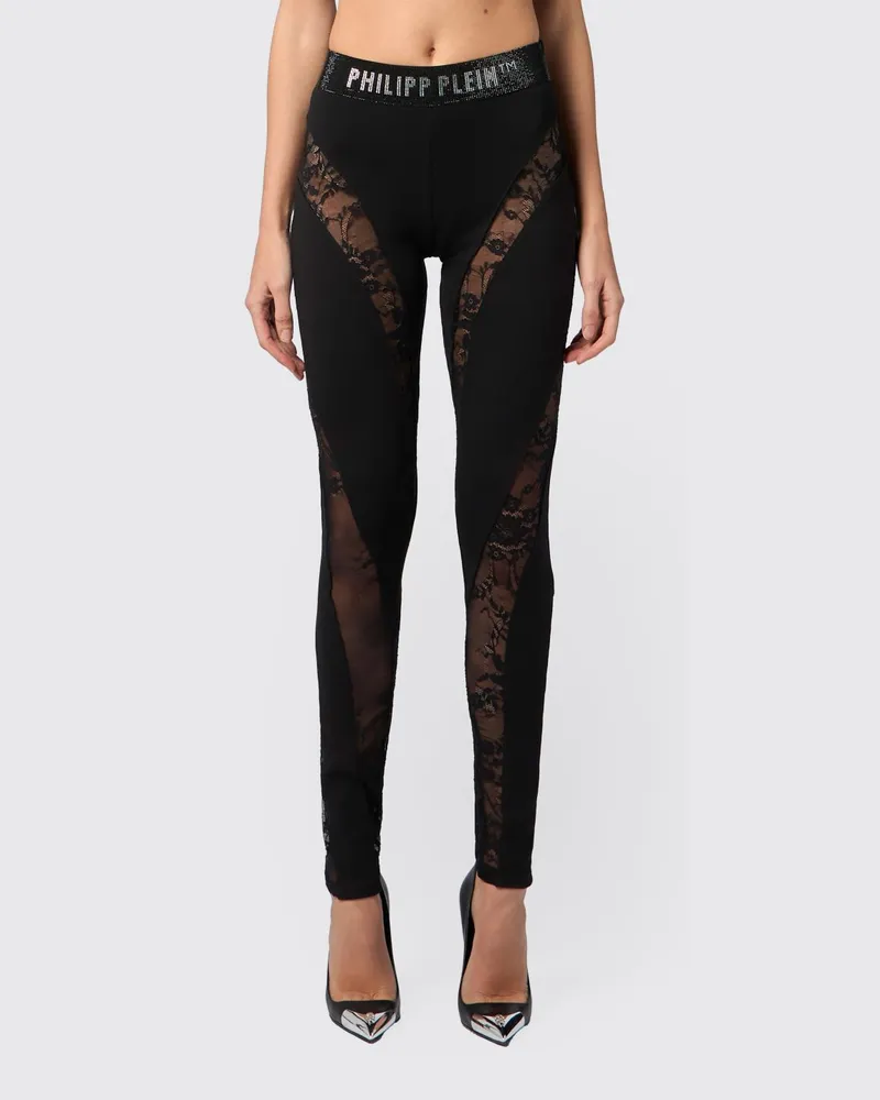 Philipp Plein High-Waist Skinny-Leggings aus Jersey mit Spitze und Strass Schwarz
