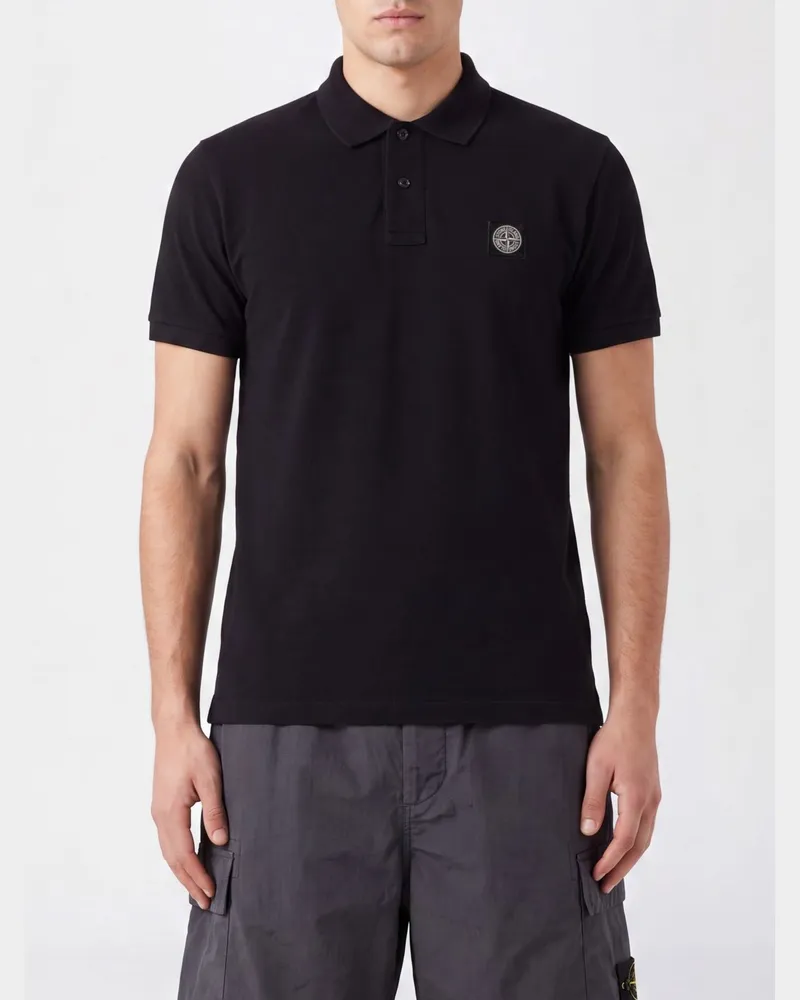 Stone Island Pikee-Polohemd aus Baumwolle mit Compass-Logoaufnäher Schwarz