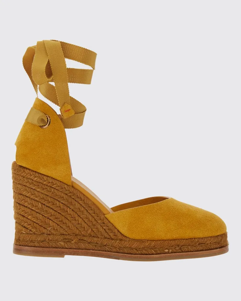 Castañer Camila Keil-Espadrilles aus Veloursleder mit Knöchelbändern Gelb